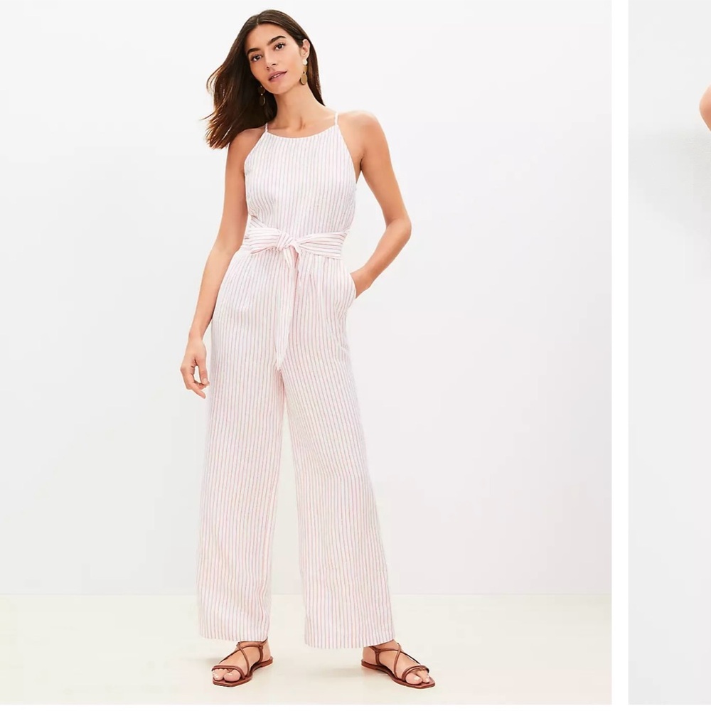 Elegant Pink Striped Linen Blend Tie Front Jumpsuit 0P NWT